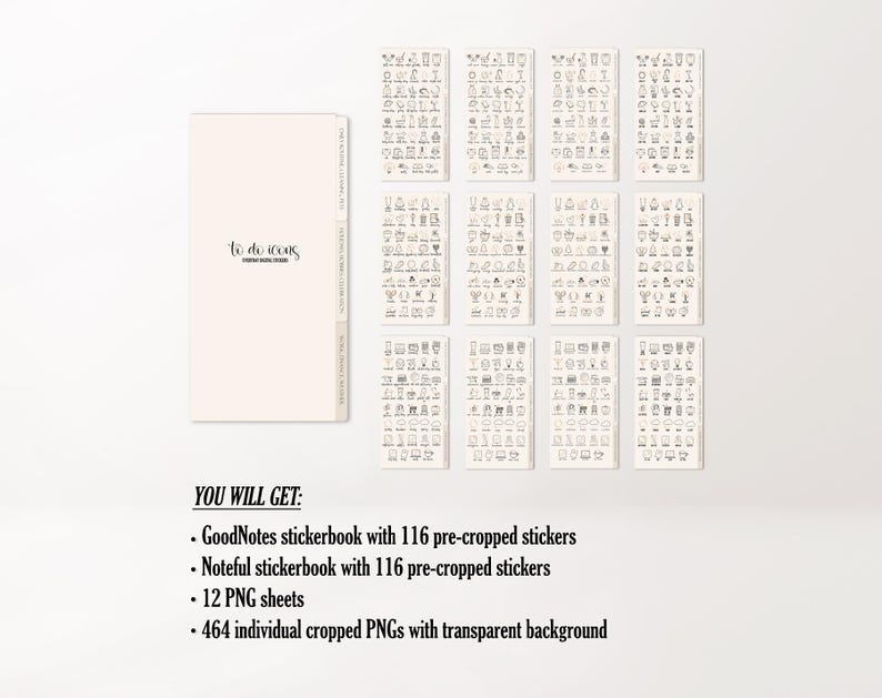 May include: A beige notebook with the text "to do icons" and several sticker sheets with small black icons. The image also includes a list of what the buyer will receive, including stickerbooks and PNG sheets.
