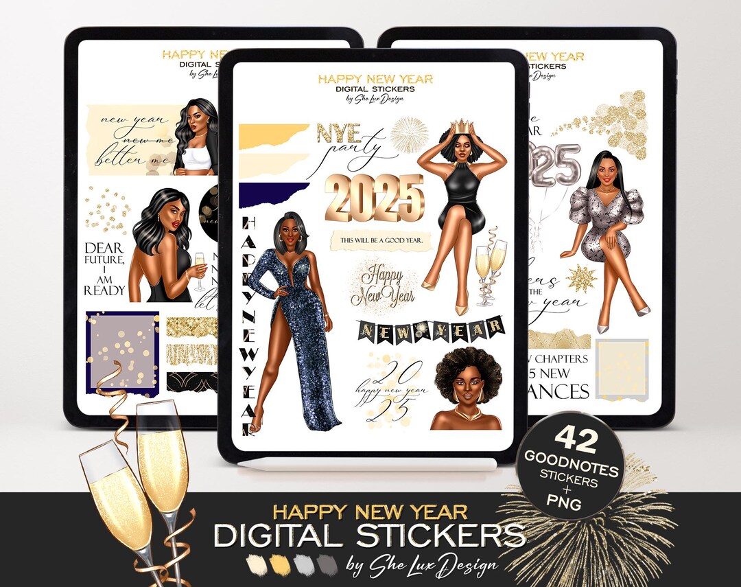 Happy New Year 2025 Digital Stickers for Goodnotes Planner, Winter ...