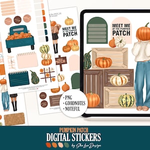 May include: Digital stickers with a pumpkin patch theme. The image shows a tablet with pumpkin illustrations, wooden crates, and the text "Meet Me at the Pumpkin Patch." Additional stickers include pumpkins, a truck, and the text "Pumpkin Patch Digital Stickers."