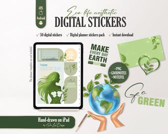Earth Day Digital Stickers, Eco Life Aesthetic Stickers, Zero Waste Planner Stickers, Eco Friendly Goodontes & Noteful PNG, Eco Lifestyle