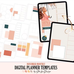 Op de afbeelding: Digitale planner sjablonen voor november met een roze, perzik en gele kleurschema. De sjablonen tonen een vrouw met een paraplu en de tekst "It's On" voor de maand november.