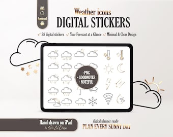 Weather icons digital planner stickers, Weather stickers for digital planner GoodNotes Noteful PNG, Forecast Icons, Rain Sun Cloud Stickers