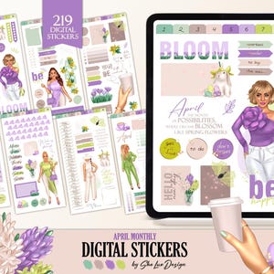 2025 April digital stickers, Goodnotes planner sticker book, Aesthetic Spring girl stickers, Easter PNG images April monthly planning
