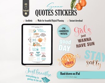 Summer 2026 Aesthetic Quotes Digital Planner Stickers for GoodNotes & Noteful + PNG, Tropical Beach Stickers, Motivational Quote Stickers