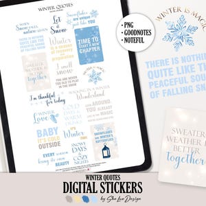 May include: Digital winter-themed sticker set with various quotes and phrases in blue and white. The stickers are displayed on a tablet and a separate card, with phrases like "Winter is Magic" and "Sweater Weather is Better Together."