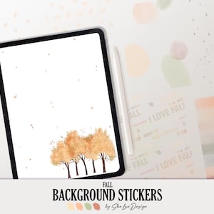 Könnte beinhalten: Ein digitales Tablet zeigt eine Herbst-Illustration mit Bäumen in Orange- und Brauntönen. Ein weißer Stift liegt neben dem Tablet. Der Text "FALL BACKGROUND STICKERS" befindet sich unten.