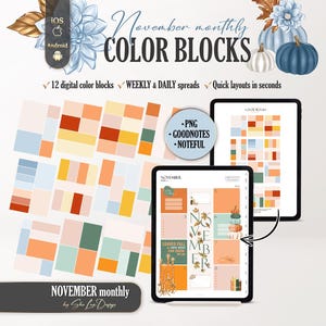 May include: Digital November monthly color blocks for planners featuring various rectangular shapes in orange, yellow, blue, and green. Includes text: November monthly COLOR BLOCKS, 12 digital color blocks, WEEKLY & DAILY spreads, Quick layouts in seconds, PNG, GOODNOTES, NOTEFUL.
