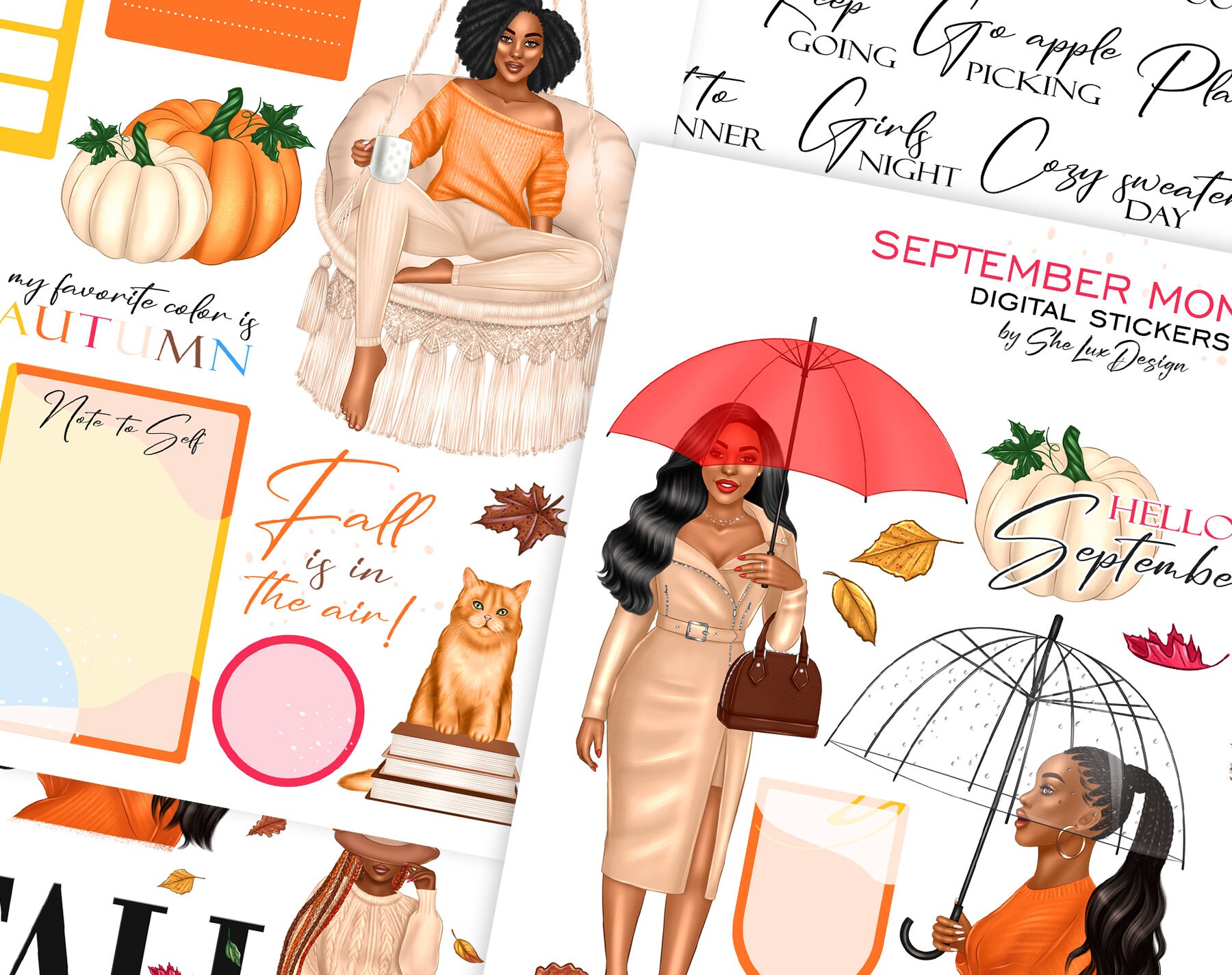 September Digital Stickers for Goodnotes, Black Girl Digital Planner ...