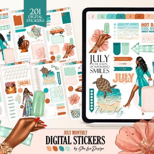 May include: A collection of digital stickers for July, featuring illustrations of a woman with a suitcase, beach scenes, and various decorative elements. The stickers are in shades of teal, coral, and brown, with the text "July" and "Welcome July". The image also includes a tablet displaying a sticker set.