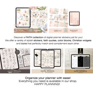 May include: A collection of digital planner stickers with a faith theme. The stickers include icons, quotes, color blocks, and widgets. The stickers are designed in a neutral color palette with pink, white, and black accents.
