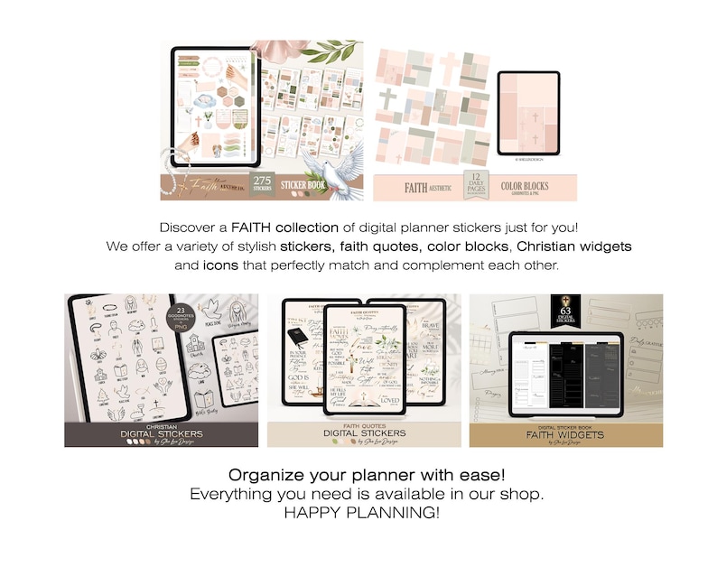 May include: A collection of digital planner stickers with a faith theme. The stickers include icons, quotes, color blocks, and widgets. The stickers are designed in a neutral color palette with pink, white, and black accents.