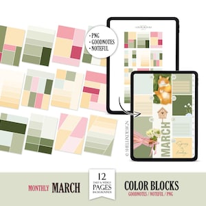 Peut inclure: Modèles de planificateur numérique avec des motifs de blocs de couleurs verts, roses et beiges. L'image comprend une tablette affichant un calendrier de mars avec une illustration de chat. Le texte comprend "Color Blocks", "March" et "PNG, Goodnotes, Noteful."