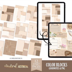 Op de afbeelding: Twaalf neutrale digitale plannerachtergronden met kleurblokken voor Goodnotes en PNG. De achtergronden bevatten een verscheidenheid aan beige en bruine vierkanten en rechthoeken.