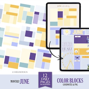 May include: Digital planner templates for June, featuring color block designs in shades of yellow, purple, and blue. The image includes two tablets displaying the planner pages, with text that reads "June" and "Color Blocks."