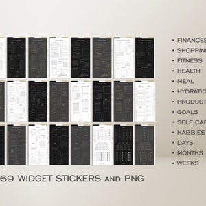 May include: A set of 369 black and white printable planner stickers and PNG files. The stickers are organised into categories such as finances, shopping, fitness, health, meal, hydration, productivity, goals, self care, hobbies, days, months, and weeks.