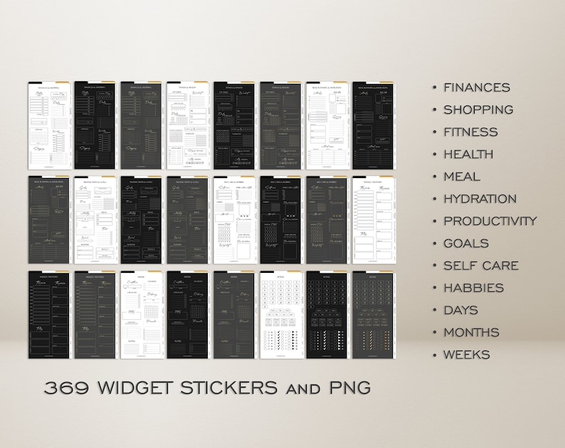 May include: A set of 369 black and white printable planner stickers and PNG files. The stickers are organised into categories such as finances, shopping, fitness, health, meal, hydration, productivity, goals, self care, hobbies, days, months, and weeks.