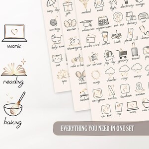 May include: A set of stickers with hand-drawn illustrations and text labels. The stickers feature icons for work, reading, baking, and various activities like travel, shopping, and social media. The phrase "EVERYTHING YOU NEED IN ONE SET" is also included.