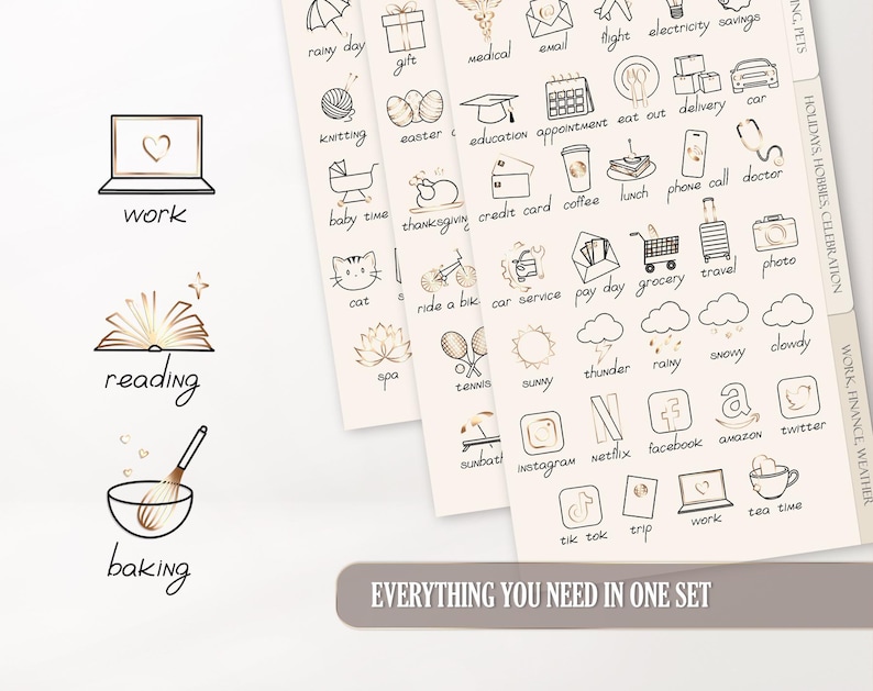 May include: A set of stickers with hand-drawn illustrations and text labels. The stickers feature icons for work, reading, baking, and various activities like travel, shopping, and social media. The phrase "EVERYTHING YOU NEED IN ONE SET" is also included.