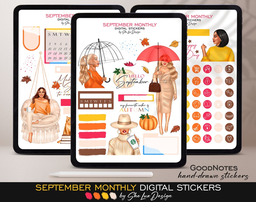 September Digital Stickers, Goodnotes Stickers, Fall Stickers, Digital ...