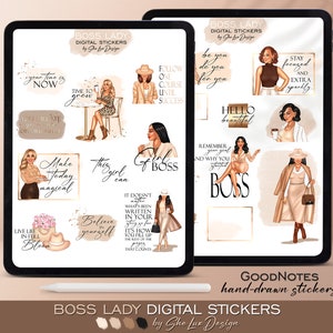 Könnte beinhalten: Ein Set digitaler Sticker mit Illustrationen von Frauen in verschiedenen Posen und Outfits, mit motivierenden Zitaten und Sätzen. Die Sticker sind in einem modernen, minimalistischen Stil mit einer neutralen Farbpalette in Beige, Braun und Schwarz gestaltet. Der Text enthält Sätze wie "Girl Boss", "Make Today Magical", "Time to Grow" und "Be You Do You For You".