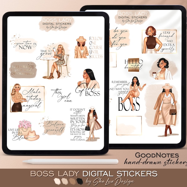 Digital Stickers for Goodnotes, Business woman stickers, Aesthetic stickers, Motivational quotes, Pre-cropped digital stickers, Good notes