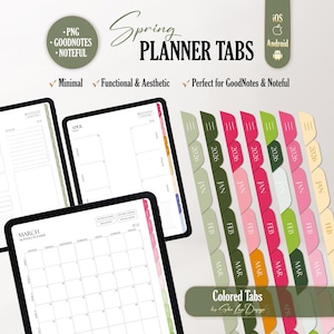 May include: Digital planner tabs in various colors, including green, pink, and yellow, with the text "2026" and month abbreviations. The image also shows digital planner pages for March, April, and other months, with the text "Spring Planner Tabs".