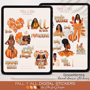 Fall digital stickers for Goodnotes planner, Black girl planner stickers, Autumn aesthetic stickers, Pumpkin queen PNG, Goodnotes stickers