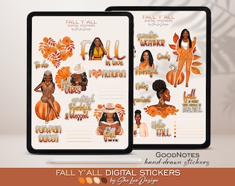 Fall digital stickers for Goodnotes planner, Black girl planner stickers, Autumn aesthetic stickers, Pumpkin queen PNG, Goodnotes stickers
