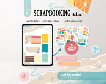 Summer 2026 scrapbooking digital stickers, Torn Paper Sticker Set for Journaling, Goodnotes Noteful PNG, Tropical Scrapbook Paper Pieces