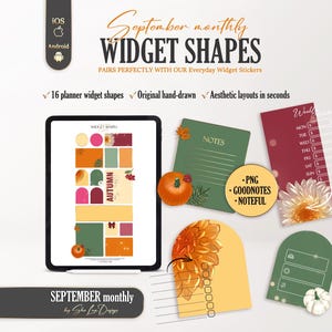 Puede incluir: Un conjunto de widgets digitales para planificador con formas mensuales de septiembre, que incluye varias pegatinas rectangulares, circulares y arqueadas en colores otoñales como naranja, verde y burdeos con ilustraciones de flores y calabazas.