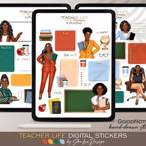 Teacher stickers, Digital stickers, Goodnotes stickers, Teacher planner, Black girl Pre-cropped stickers, African American, Teacher Life PNG