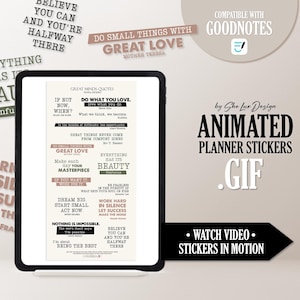 May include: A digital planner sticker set displayed on a tablet. The stickers feature inspirational quotes in various fonts and colors, with the words "Great Minds Quotes" at the top. The image also includes the text "Animated Planner Stickers .GIF".