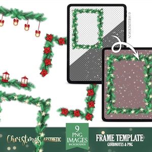 May include: Nine digital frames featuring a Christmas aesthetic with a green garland with red poinsettia flowers and white lights. The frames are in a template format with a transparent background for easy customization.