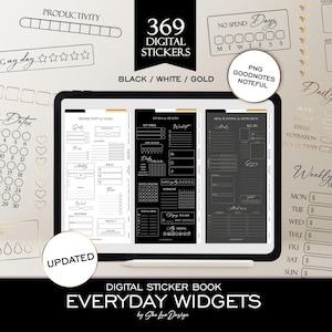 Widgets digitale plannerstickers, GoodNotes-widgetstickerboek invoegen, digitale stickerbundel Everyday Life Overlay, zwart-wit en goud
