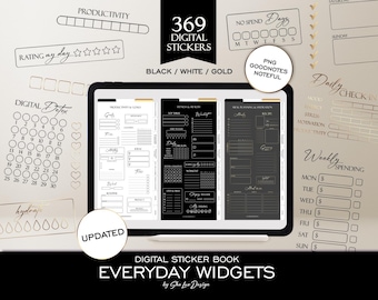Widgets digital planner stickers, GoodNotes widget insert sticker book, Everyday life  Overlay digital sticker bundle, Black White and Gold