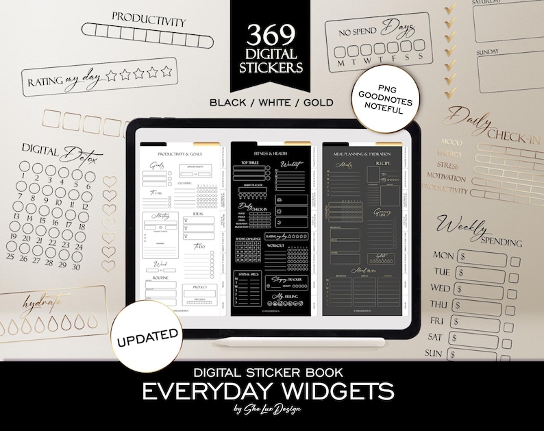 Widgets digital planner stickers, GoodNotes widget insert sticker book, Everyday life Overlay digital sticker bundle, Black White and Gold image 1