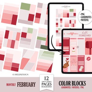 Mallar för digitala planeringsscheman med färgblock i februari 2026, infogat med rosa och röda färgblock för digital planering, Kärleksinlägg Dagliga veckolayouter
