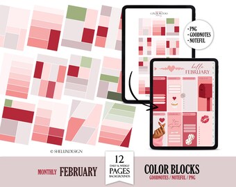 February 2026 color blocks digital planner templates, Pink & Red color block inserts for digital planning, Love insert Daily Weekly layouts