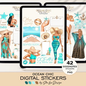 May include: A set of 42 digital stickers featuring illustrations of women in summer outfits, seashells, a sailboat, and text that says "Ocean Chic", "Offline is the new Luxury", "Sea You Soon", "Let the Sea set you Free", "I need vitamin sea", "Ocean is my favorite color", and "Places to go".