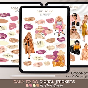 May include: A set of digital stickers featuring illustrations of women in various poses and outfits. The stickers are designed for use in digital planners and notebooks. The stickers include phrases like "Movie Night", "Self Care", "Vacation", and "Keep Going".
