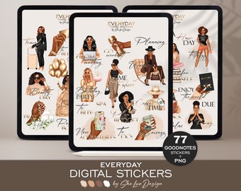 Everyday TO DO icons digital stickers, Black girl planner sticker pack, Business woman Goodnotes stickers, Planner boss babe pre-cropped PNG