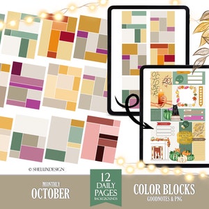 May include: A set of 12 digital planner pages with colour blocks in various shades of green, brown, yellow, pink, and red. The pages are designed for October and include the text "Monthly October" and "12 Daily Pages".