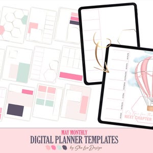 Puede incluir: Plantillas de planificador digital para mayo con un gráfico de globo aerostático y el texto "It's time for the next chapter". Las plantillas están en un esquema de color rosa y blanco con un fondo de acuarela.