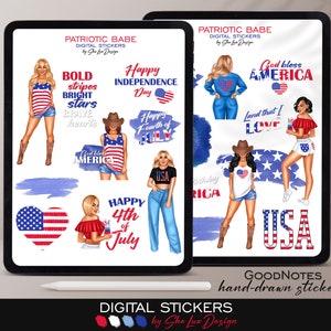 May include: Digital stickers featuring illustrations of women in patriotic clothing and accessories. The stickers include phrases like "Happy 4th of July", "God Bless America", and "Land That I Love".