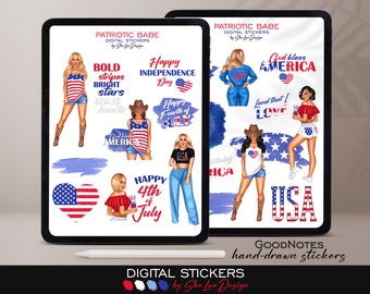 4th of July digital stickers, Goodnotes stickers, Fourth of July digital sticker pack, Patriotic women stickers for digital planner