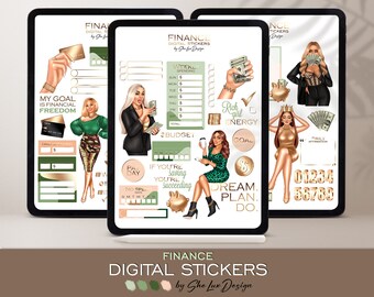 Autocollants financiers pour GoodNotes, budget, autocollants pour femme d'affaires, argent PNG, autocollant pour planification financière