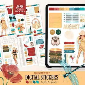 Op de afbeelding: Digitale sticker set voor augustus, met illustraties van vrouwen in zomerjurken, libellen en een egel. De set bevat 208 stickers met de tekst "August Monthly Digital Stickers" en "Focus on the Good."