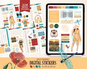 Digital planner stickers August 2025, Sticker book for iPad and Android, To do planning Daily and Weekly stickers, Beach girl Deco Noteful