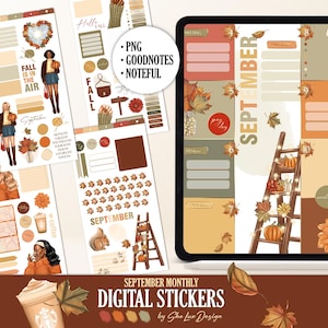 May include: Digital stickers for September with a fall theme. The image includes stickers with illustrations of women, pumpkins, leaves, and a ladder. The text on the stickers includes "Fall is in the air" and "September".