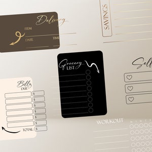 May include: A set of printable planner pages with a black and white grocery list, a brown delivery tracker, a beige bills due tracker, a beige self-care tracker, and a beige workout tracker with a calendar.